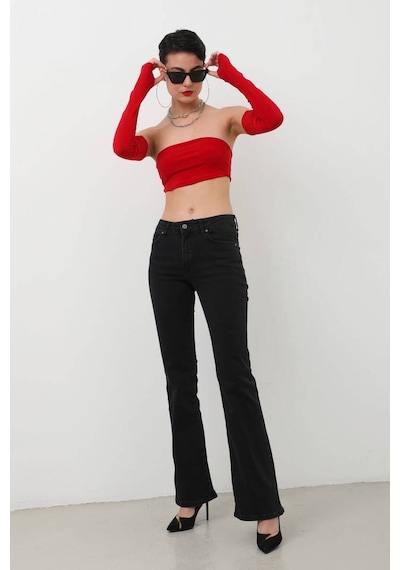 Kadın Yüksek Bel Flare Jean Pantolon Siyah 001