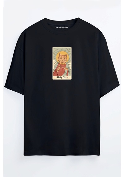 Kutsal Kedi - Holy Cat Baskılı Oversize Unisex T-shirt SIYAH