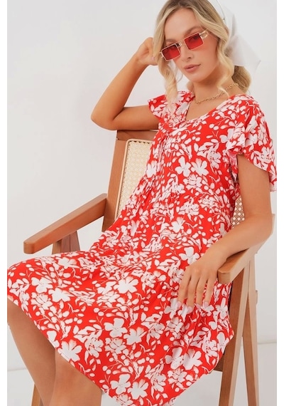 Defymoda 2352 V Yaka Kısa Elbise - Kırmızı Kırmızı
