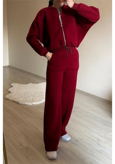 Neşeli Butik Kadın Oversize 3 İplik Cepli Eşofman Takımı Nm029 Bordo