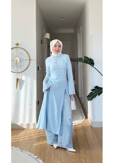 Esra Butik78 İnce Modal Kumaş Parçalı Arkadan Bağlama Detaylı Tunik Kahverengi, Bebe Mavisi & Bej 130 Cm Mavi
