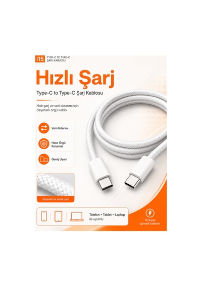 60w Destekli iPhone Samsung Xiaomi Oppo Uyumlu Hızlı Şarj - Şarj Kablosu - Type C To Type C - Hasır Örgü - 1 Mt