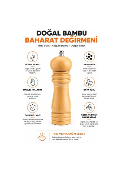Bambu Ahşap Manuel Baharat Değirmeni Seramik Öğütme Mekanizmalı Karabiber, Kaya Tuzu Ve Taneli Baharat Öğütücü 16 Cm