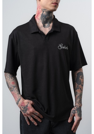 Respire Erkek Senor Yazılı Polo Yaka Regular Fit T-shirt Siyah