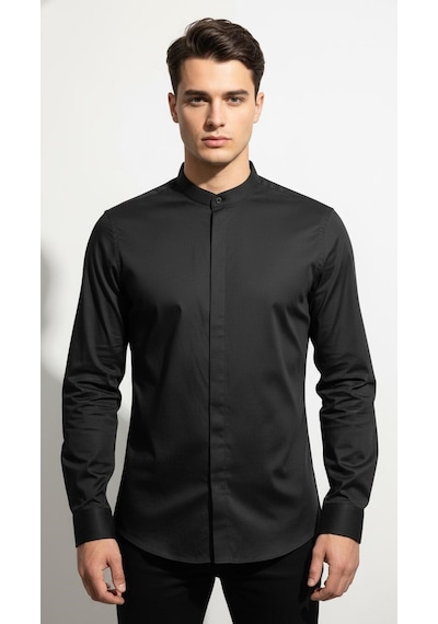 Plus Scorpion Erkek Hakim Yaka Slim Fit Gömlek Şık, Modern, Uzun Kollu, Düz Model Siyah