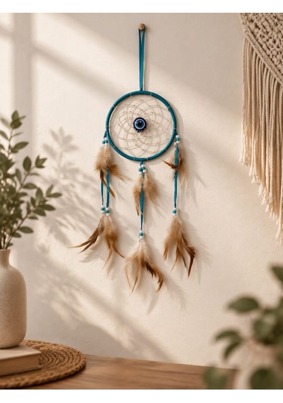 Motifli Düş Kapanı Mavi Rüya Kapanı Dream Catcher Bej Tüylü Nazar Boncuklu Bohem Duvar Süsü Bohem El Yapımı Düş Kapanı