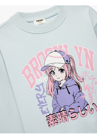 Koton Uzun Kollu Bisiklet Yaka Anime Baskılı Sweatshirt Mavi 7wkg10035ak