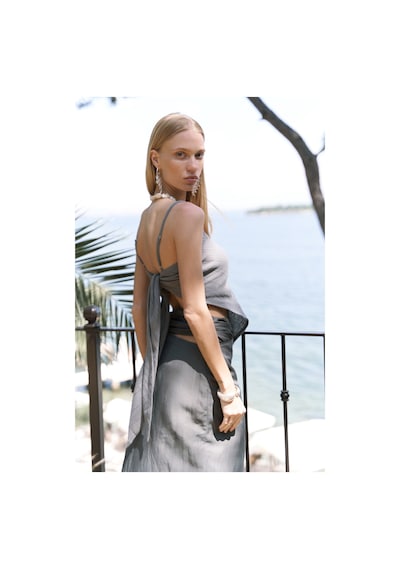 Mai Collection Mai Studios Co. Kita Üçgen Detay Çizgili Füme Keten Crop Füme