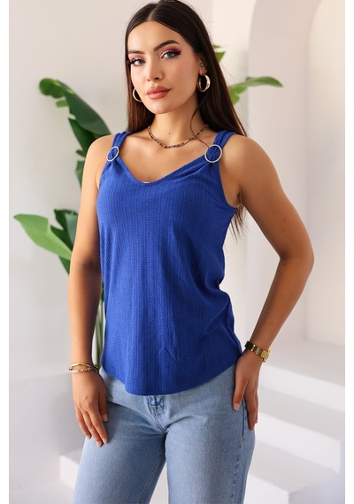 Kadın Mavi Askılı V Yaka Halka Detaylı Şık Bluz, Kadın Bluz Modeli Mavi