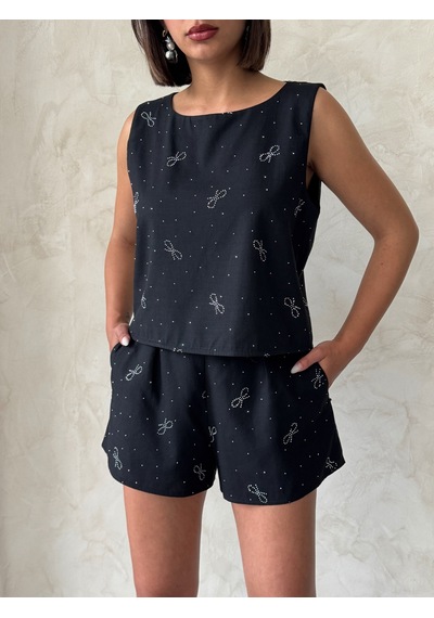 Verymoda Fiyonk Taş Baskılı Kolsuz Bluz D2904 Siyah