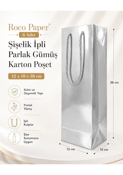 Şişelik İpli Gümüş Karton Poşet, 6 Adet - 12x10x38 Cm, Kalın Yapı