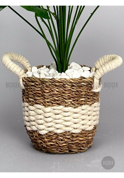 Yapay Monstera Deve Tabani Bi Tki Si 60 Cm Krem Orgulu Hasir Saksıda