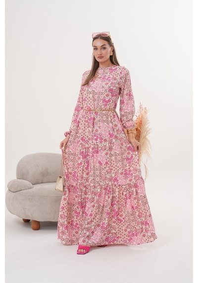 Polologin Butik Çiçekli Viskon Elbise Pembe