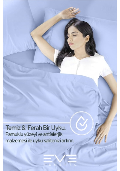Eve Tekstil Pamuklu Çift Kişilik Rainforce Kumaş Lastikli Çarşaf Ve Yastık Kılıfı Set Mavi