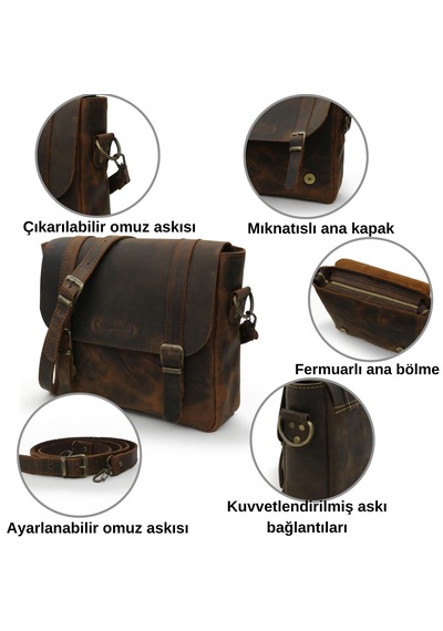Cappadocia Vintage 6019 Kahve Hakiki Deri El Yapımı Omuz Çantası Kahverengi