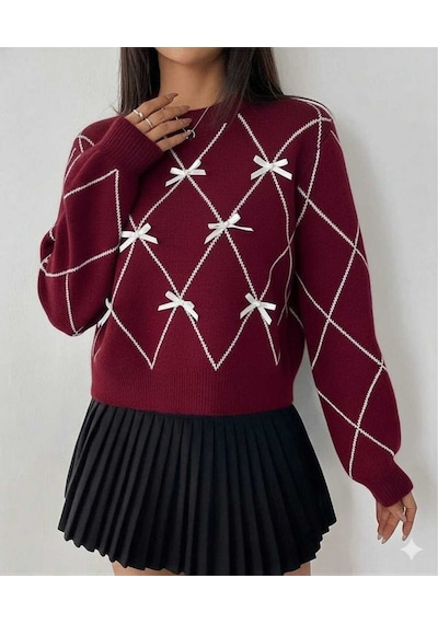 Sayzen Your Shine Baklava Desenli Kurdele/fiyonk Detayli Triko Kazak Sy-001kzk-gri Bordo