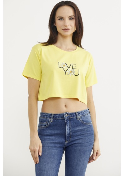 Oversize Baskılı Crop Tişört - Sarı Sarı