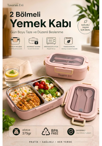 2 Bölmeli Paslanmaz Çelik Yemek Kabı Sızdırmaz Kapaklı, Taşınabilir Beslenme Kabı Pembe