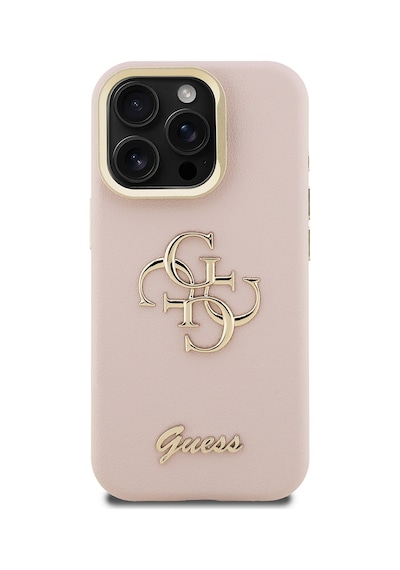 Apple Uyumlu iPhone 15 Pro Max Kılıf Guess Lisanslı Grained Yazı Logolu Kamera Standlı Kapak Pembe