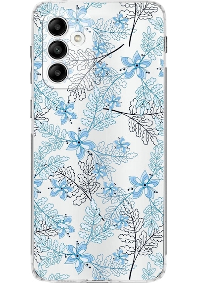 Samsung Galaxy Uyumlu M13 Kamera Korumalı Kapak Floral Mavi Tasarımlı Şeffaf Kılıf