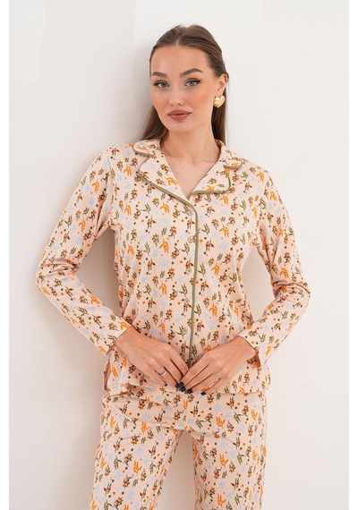 Çift Kaplan Kadın Pamuk Zeytin Desen Gömlek Yaka Yeşil Pijama Takımı 7032 Yeşil