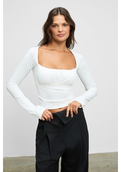 Grımelange Sılıvra Kadın Havuz Yakalı Esnek Kumaşlı Slim Fit Beyaz Bluz Beyaz