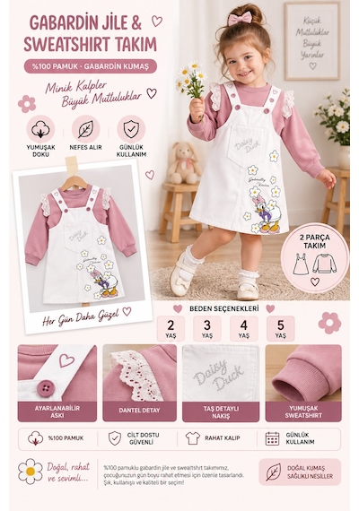 Nota Kids Kız Çocuk Çiçek Baskılı Gabardin Jile Elbise Takımı Dantel Detaylı Sweatshirtlü 2'li Takım Beyaz