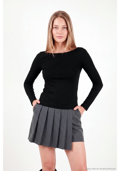 Lela Kayık Yaka Basic Uzun Kollu Bluz Kadın Bluz 5867061 Siyah