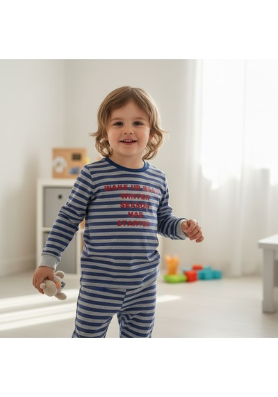 Bonbon Çocuk Baskılı Çizgili Mavi Renk 2'li Takım Cb1065