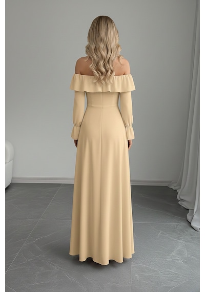 Defymoda Kadın Modern Kesim Fırfır Detaylı Elbise Bej
