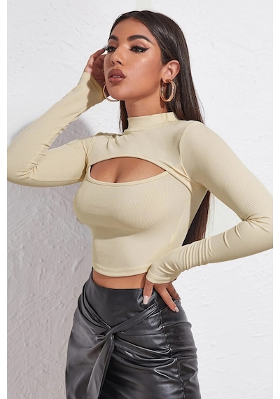 Moda Dua Kadın Ekru Göğüs Dekolteli Uzun Kollu Cut Out Crop Top Bluz
