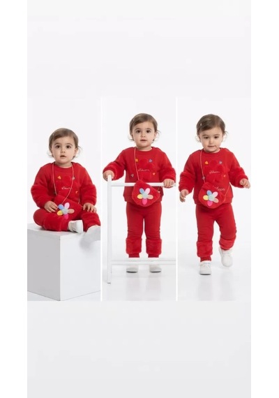 Veraura Lifestyle 6/24 Ay Çantalı Çiçek Nakışlı 3 İp Şardonlu Bebek Takımı Kırmızı
