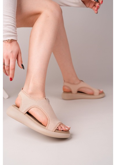 Nesilshoes Nesil Shoes Stark 1003 Bej Triko Kadın Sandalet