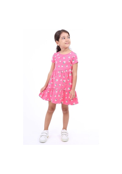 Toontoy Kız Çocuk Bisiklet Yaka Komple Çilek Baskılı Elbise Fuşya