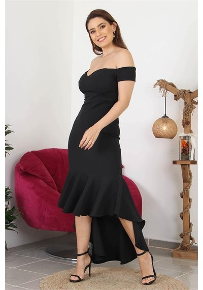 Dip Moda Dipmoda Kadın Kayık Yaka Düşük Omuz Eteği Volanlı Abiye Elbise Swll01 Siyah