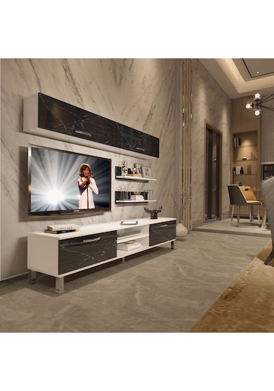 Decoraktiv Eko 5 Mdf Dvd Krom Ayaklı Tv Ünitesi Tv Sehpası Beyaz - Siyah Mermer