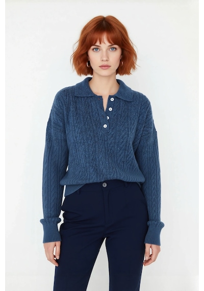 Ersefa Kadın Oversize Triko Polo Yaka Saç Örgü Düşük Kollu Rahat Kışlık Indigo