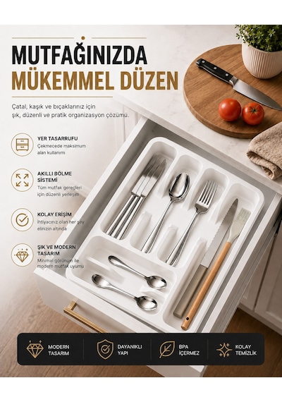 Sas Haus 6 Bölmeli Çekmece İçi Kaşıklık, Plastik Çatal Bıçak Organizeri, Mutfak Düzenleyici Beyaz S-11003