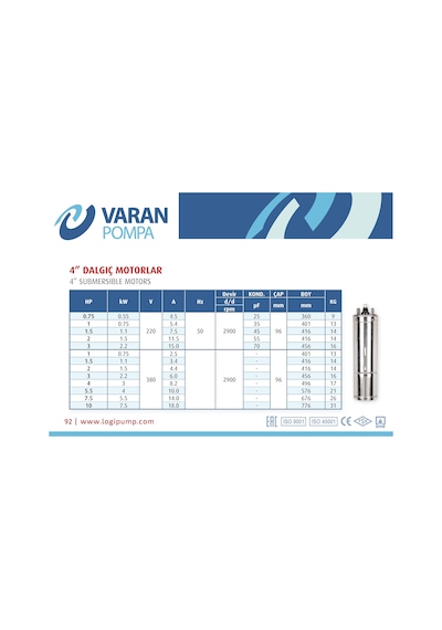 Varan 1 Hp/ 0.75 Tek Motor Monofaze 220 V 4" Derin Kuyu Pompası Sondaj Motoru Vtm 1-m