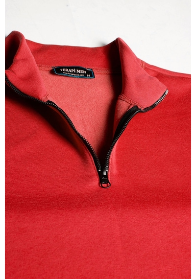 Terapi Men Erkek Açık Kırmızı Yarım Fermuarlı Basic Düz Sweatshirt Açık Kırmızı