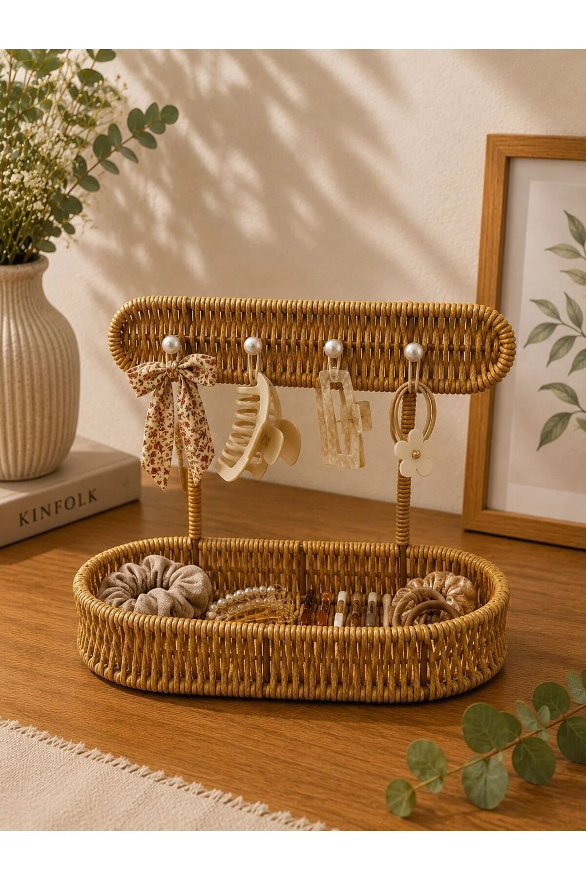 Hasır Rattan Takı Toka Organizeri Oval Düzenleyici Organizer 24 20cm Açık Kahverengi