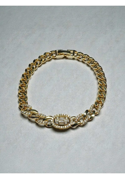 Modern Gurmet Tasarım Zirkon Taşlı Altın Kaplama Bileklik 18 Cm Gold
