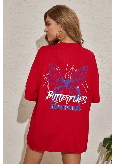 Flood Of Style Unisex Butterfly & Letter Graphic Tasarım Tshirt Kırmızı