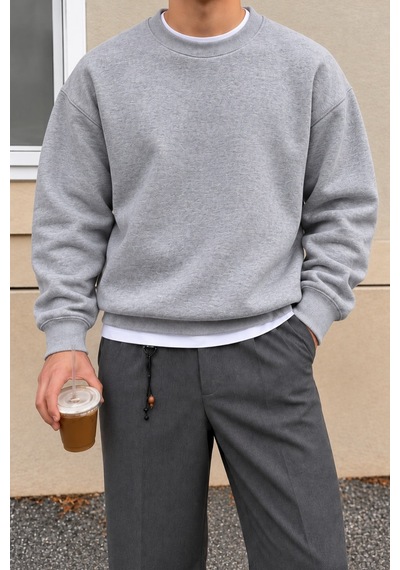 Tarz Cool Erkek 3 İplik Şardonlu Regular Fit Bisiklet Yaka Basic Sweatshirt Gri