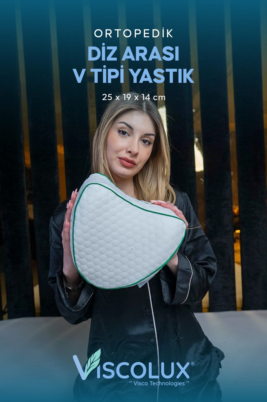 Diz Arası Ortopedik Yastık - V Model Diz Arası Yastık Visco Yastık 25x25x15 Yeşil