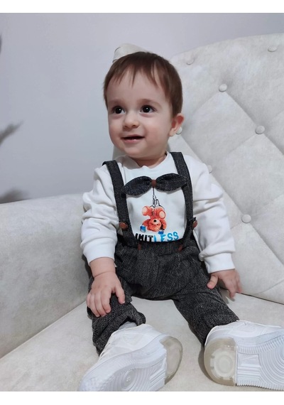 Alfa Expres 9-12-18 Ay Papyonlu Sweat Kot Pantolon 2li Erkek Bebek Salopet Takımı Gri Gri
