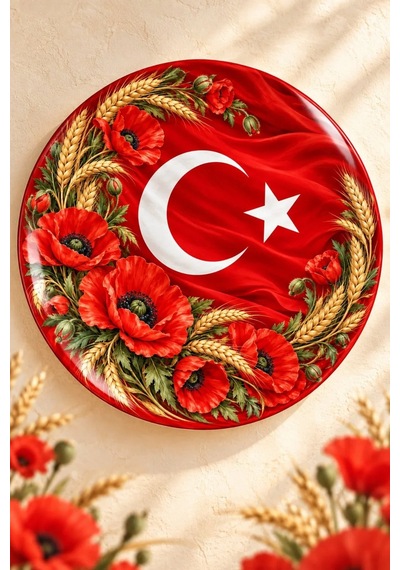 Dekoratif Duvar Tabağı Al Bayrak Zarafeti Dekorlu Seramik Tabak Mavi