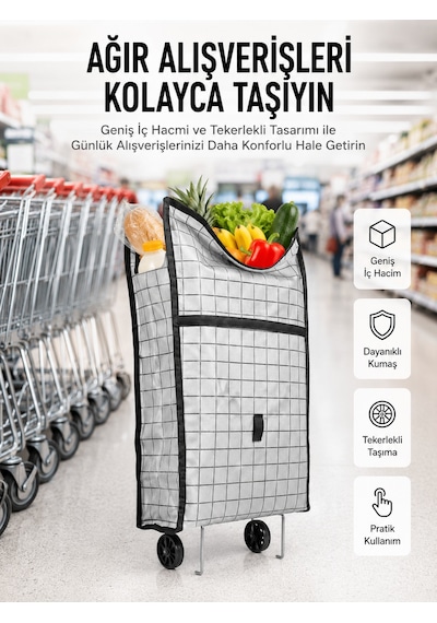 Geniş Hacimli Tekerlekli Pazar Çantası Dayanıklı Ve Ergonomik Beyaz - Çok Renkli