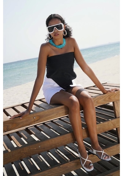 Defymoda Bağlamalı Denim Crop Siyah