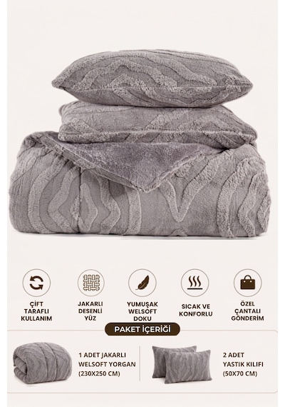 Vome Çantalı Jakarlı Çift Taraflı Wellsoft 230 X 250 Cm Battal Boy Yorgan Seti 1 Yorgan + 2 Yastık Kılıfı Yumuşak Dokulu Kabarık Kışlık Yorgan Çeyizlik Antrasit